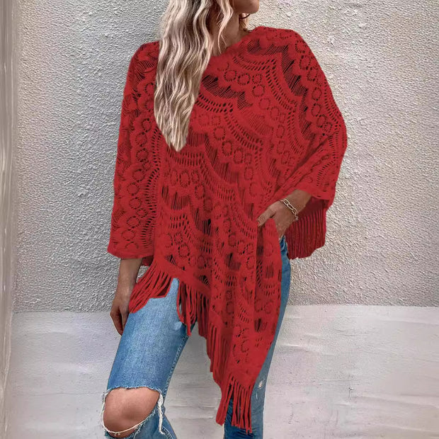 Damen Strickponcho mit auffälligem Häkelmuster und modischen Fransen WW