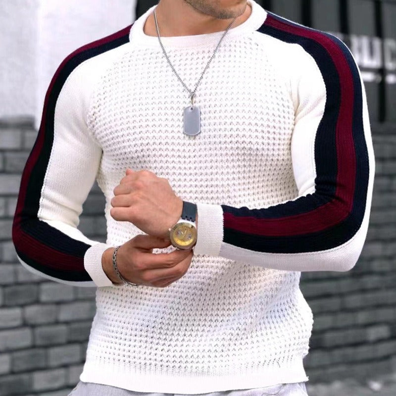 Herren modischer Strickpullover mit strukturiertem Muster und kontrastierenden Ärmeln WW