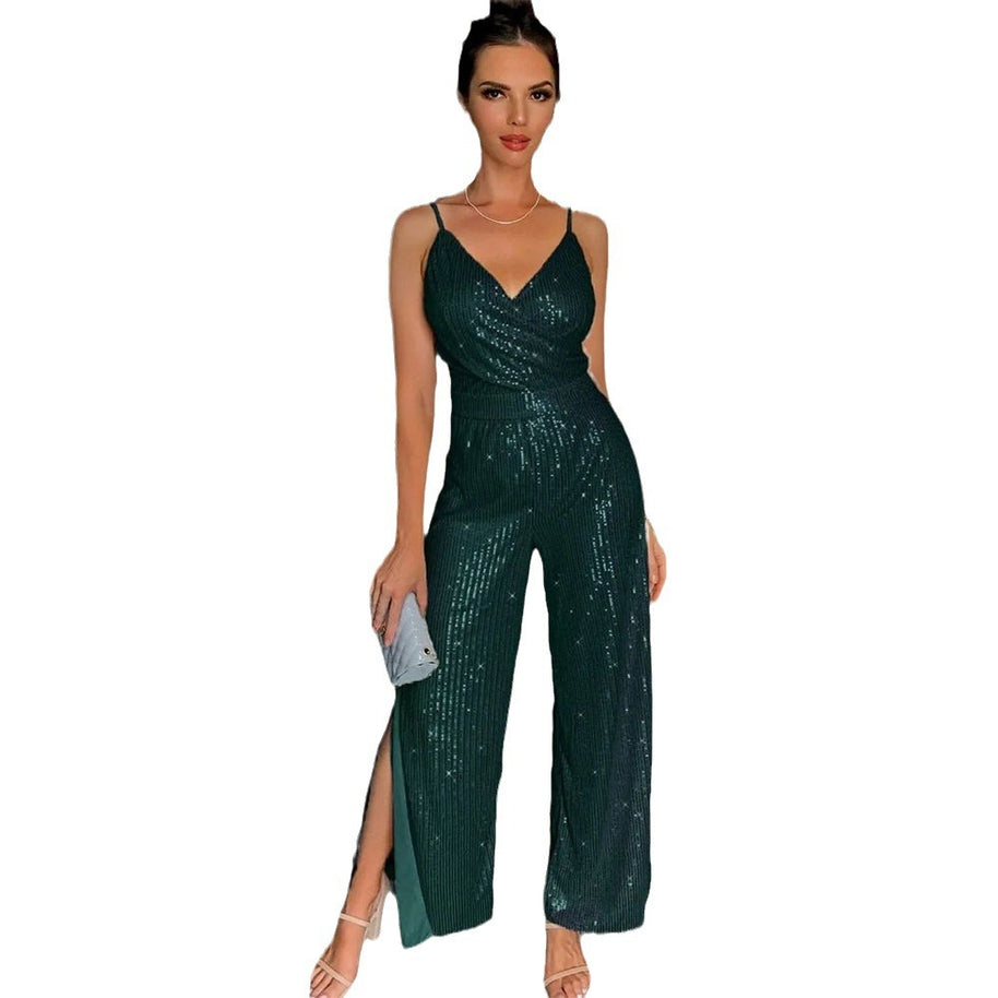 Damen Glamouröser Jumpsuit mit funkelndem Paillettenbesatz und elegantem Schlitz WW
