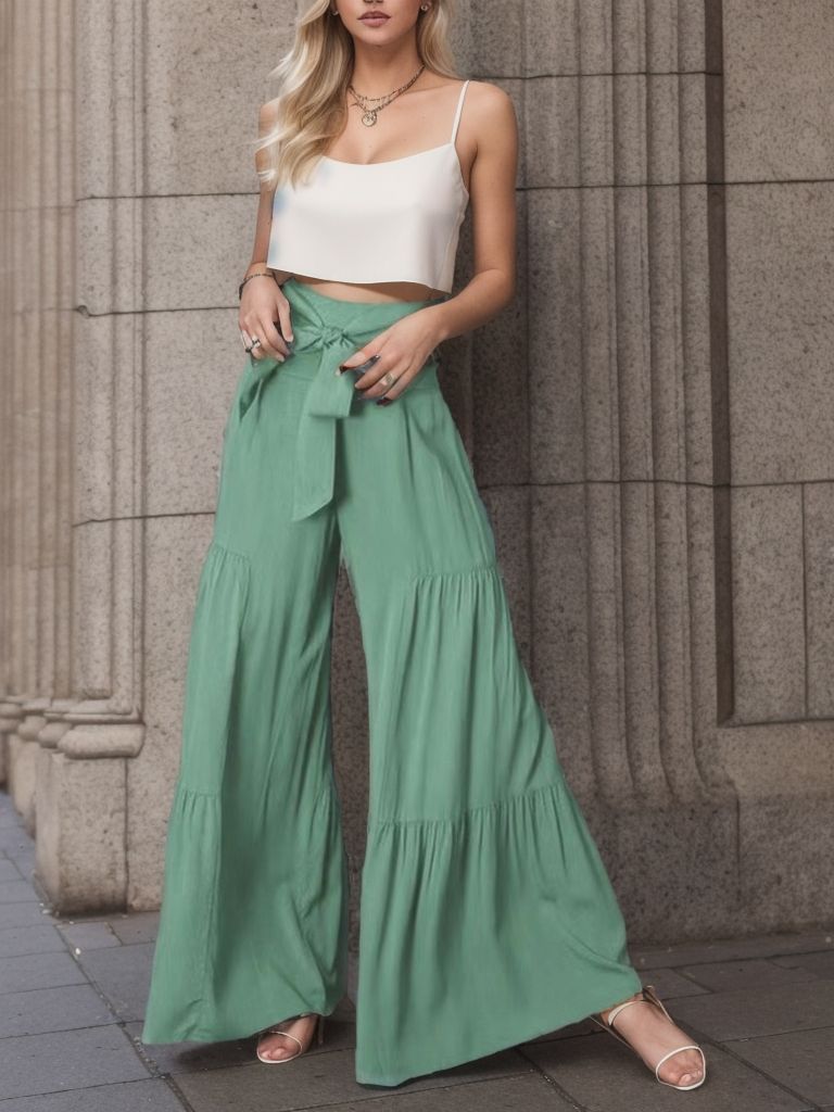Damen weite High-Waist Hose mit eleganten Falten und Bindegürtel WW