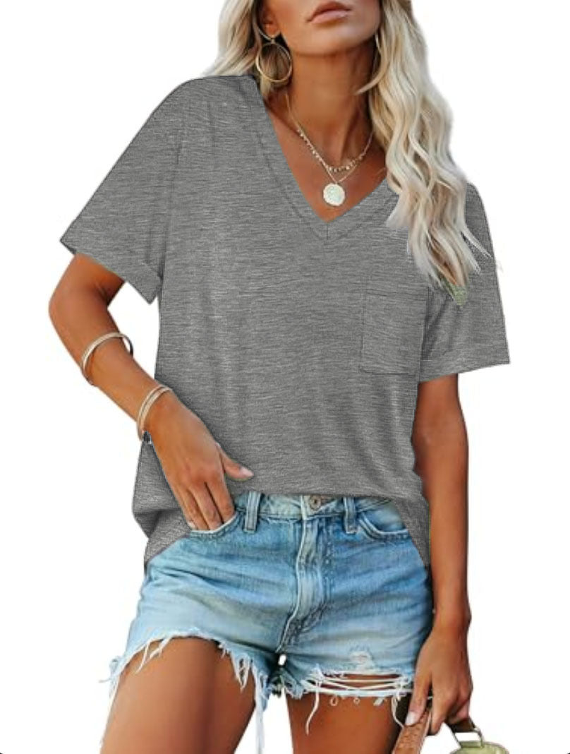 Damen V-Ausschnitt T-Shirt mit Taschen und lässiger Passform WW