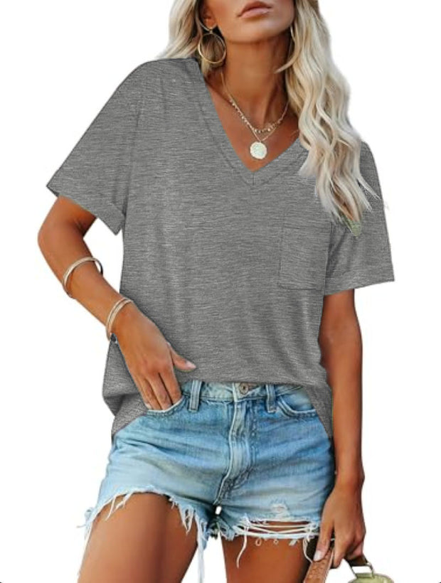 Damen V-Ausschnitt T-Shirt mit Taschen und lässiger Passform WW
