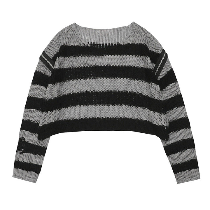 Damen lässiger Cropped Strickpullover mit Streifenmuster W&W Mode
