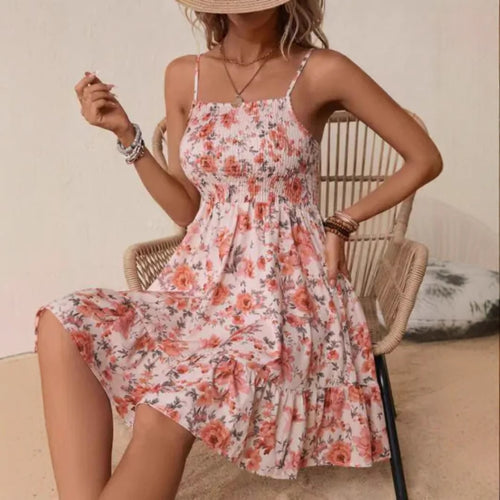 Damen Blumenkleid mit elastischem Oberteil und gerafftem Rock WW