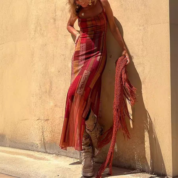 Damen Maxikleid mit asymmetrischem Ethno-Muster und schmalen Spaghettiträgern WW