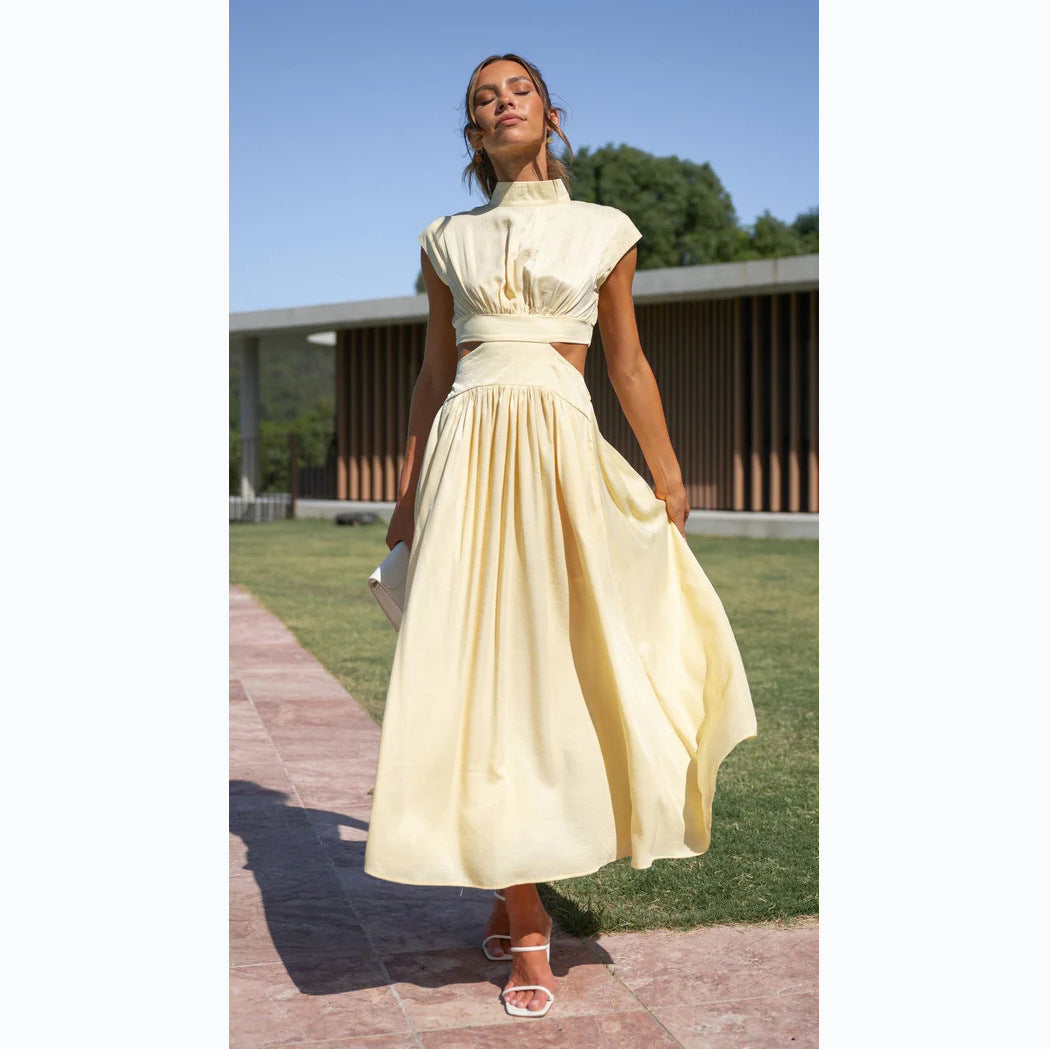 Damen elegantes Maxikleid mit hohem Kragen und seitlichen Cut-Outs WW