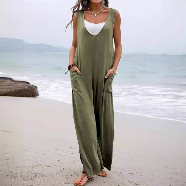 Damen lässiger Jumpsuit mit weit geschnittenem Bein und komfortablen Taschen WW