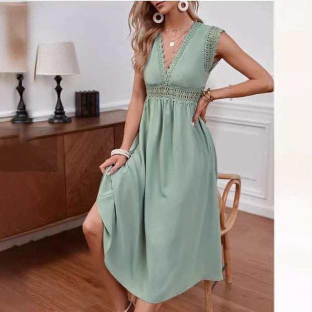 WW | Spitzen-Hollow-Patchwork-V-Ausschnitt-Kleid