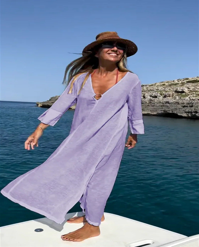 W&W Mode | Lockeres Baumwoll-Leinen Strand-Schutzkleid langer Länge