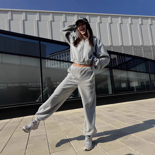 Damen sportlicher Fleece-Loungewear-Anzug mit hohem Kragen WW