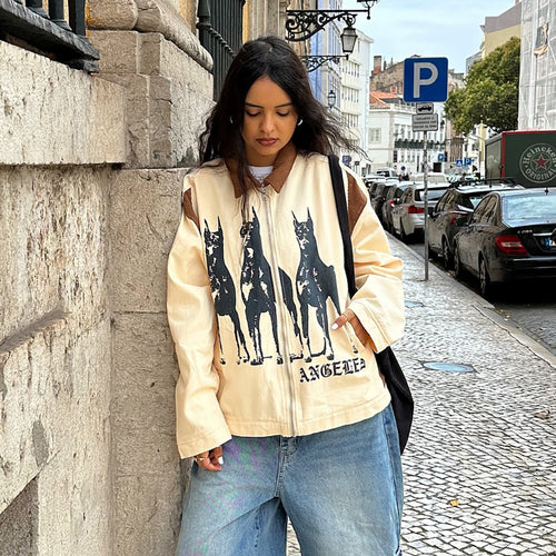 Damen Streetwear-Jacke mit einzigartigem Hunde-Print und lässigen Schnitten WW