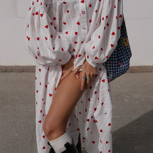 Damen Baumwoll-Maxi-Kleid mit Herzen und langen Ärmeln WW