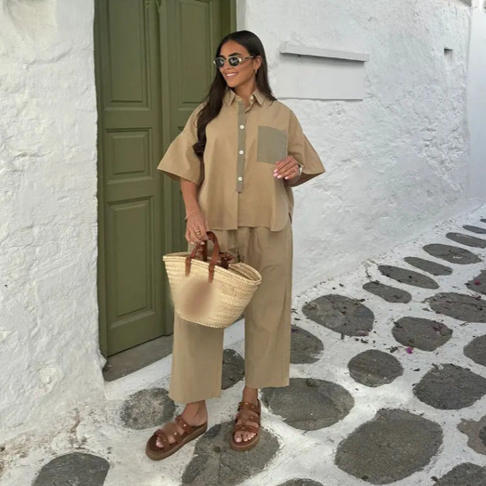 Damen lässiger Zweiteiler mit schickem Hemd und weiten Hosen W&W Mode