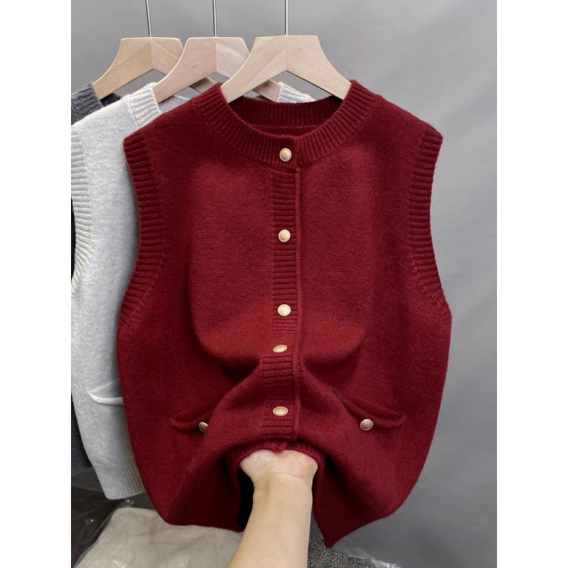 Damen Strickweste mit Knopfdetails und seitlichen Taschen WW
