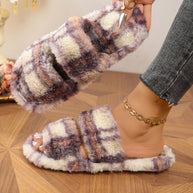 Damen bequeme Hausschuhe aus flauschigem Material mit doppeltem Riemen WW