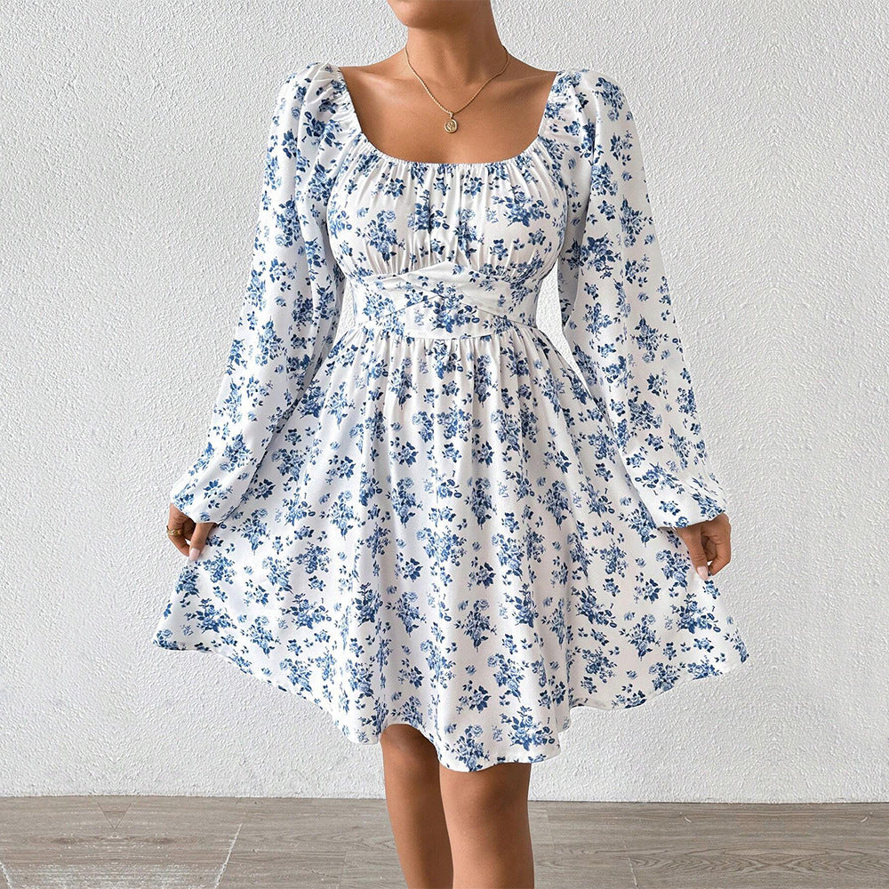 Damen luftiger Blumenkleid mit eleganter Raffung und langen Ärmeln W&W Mode
