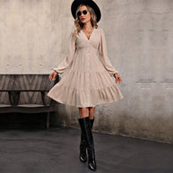 Damen knielanges Hemdkleid mit elegantem V-Ausschnitt und Rüschensaum WW