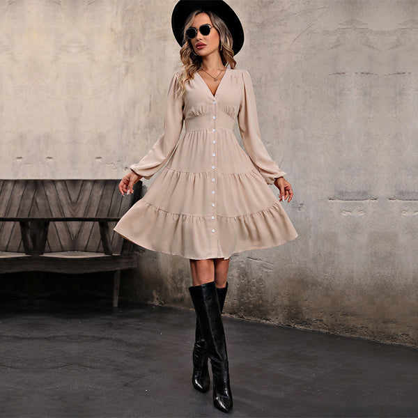 Damen knielanges Hemdkleid mit elegantem V-Ausschnitt und Rüschensaum WW