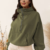 Damen sportlicher Kapuzenpullover mit halbem Reißverschluss und funktionalen Taschen WW