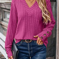 Damen Strickpullover mit V-Ausschnitt und dekorativen Knopfdetails WW