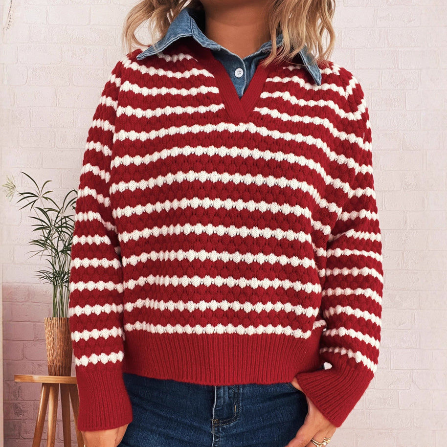 Damen Strickpullover mit tiefem V-Ausschnitt und markantem Streifenmuster WW