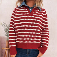 Damen Strickpullover mit tiefem V-Ausschnitt und markantem Streifenmuster WW