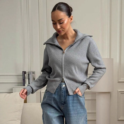 Damen bequeme Strickjacke mit Reißverschluss WW