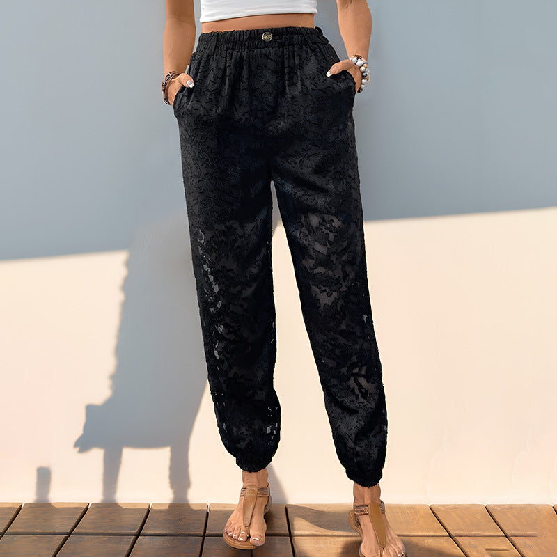 Damen Freizeithose mit floralem Samtlook und elastischem Bund WW