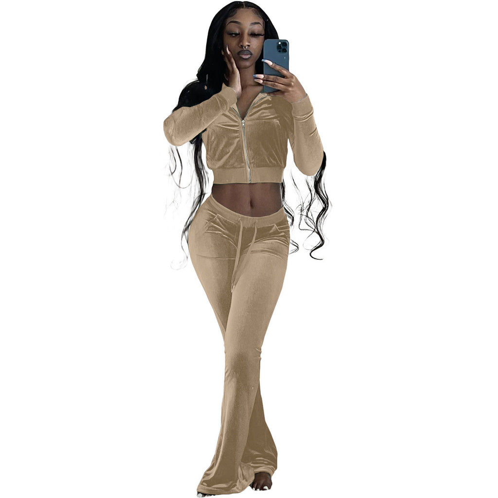Damen Velours Tracksuit mit Zip-Front und weit geschnittener Hose WW
