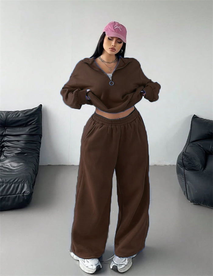 Damen Sportliches und lässiges Fleece-Set mit halbem Reißverschluss WW
