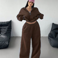 Damen Sportliches und lässiges Fleece-Set mit halbem Reißverschluss WW
