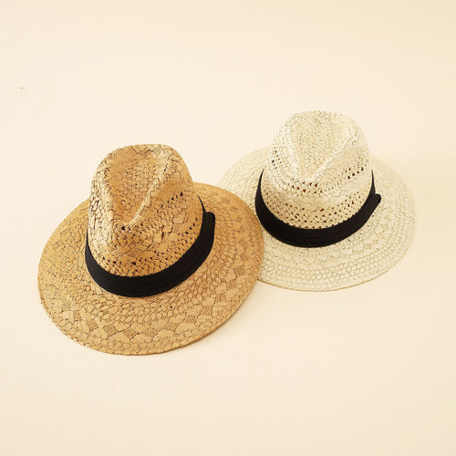 Damen Strohhut im klassischen Fedora-Stil mit breiter Krempe und elegantem Band WW