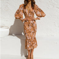 Damen Blütenmuster Kleid mit voluminösen Ärmeln WW