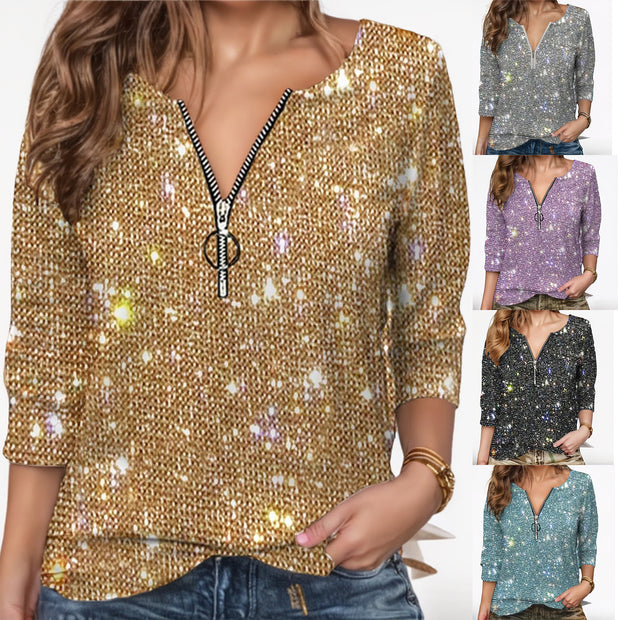 Damen Glitzernde Zip-Bluse mit 3/4-Ärmeln WW