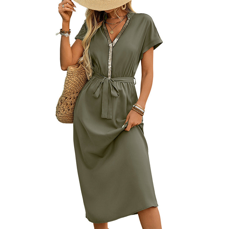 Damen elegantes Midikleid mit Taillengürtel und V-Ausschnitt W&W Mode