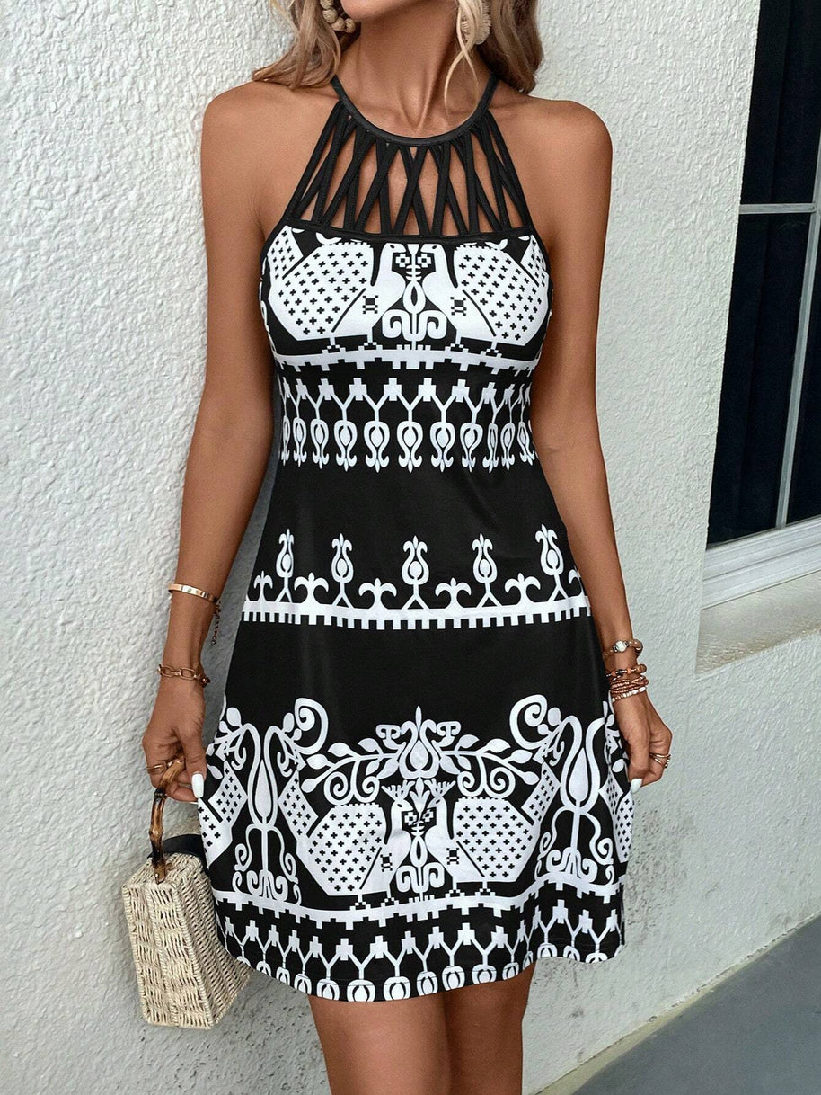 Damen ärmelloses Sommerkleid mit modischem Cut-Out-Design und grafischem Muster WW