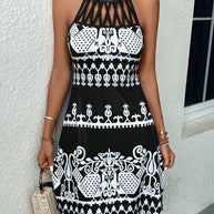 Damen ärmelloses Sommerkleid mit modischem Cut-Out-Design und grafischem Muster WW