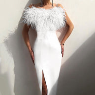 Damen Abendkleid mit feiner Federapplikation WW