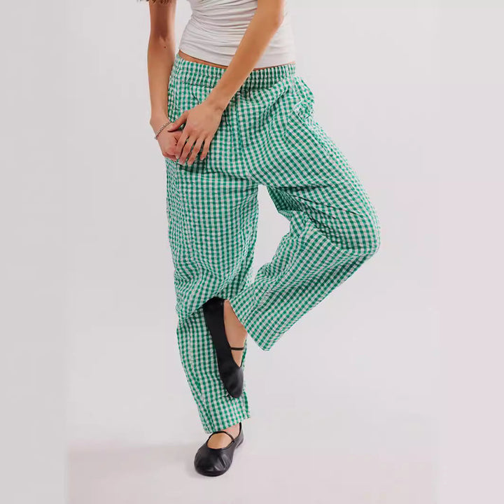 Damenhose mit Karomuster, mittlerer Taille und Taschen