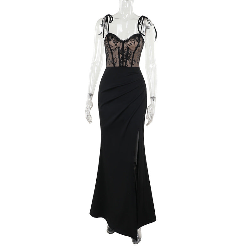 Damen Abendkleid mit Spitzenoberteil und elegantem Schlitz W&W Mode