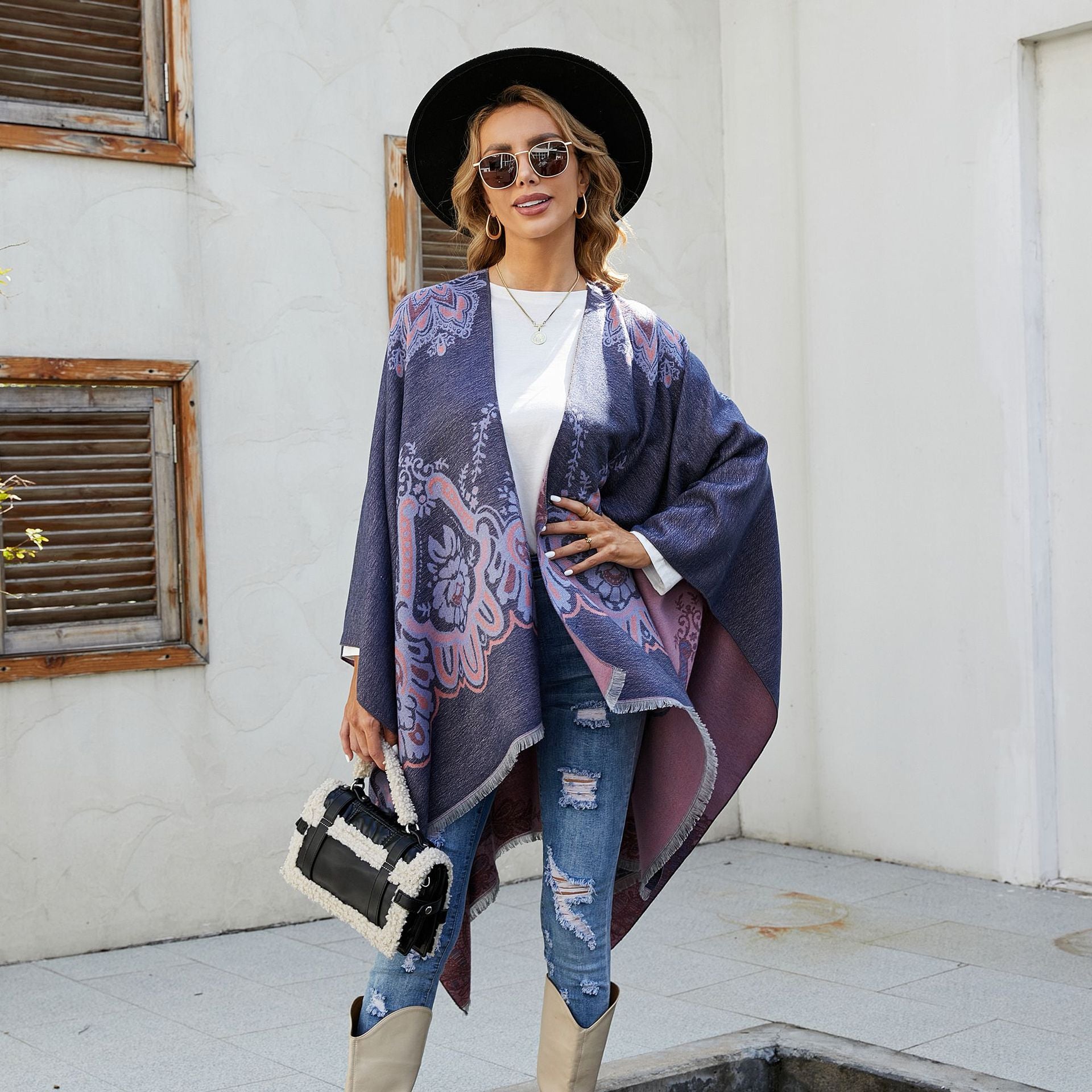 Damen Eleganter Kimono-Poncho mit kunstvollem Muster und fransigen Kanten WW