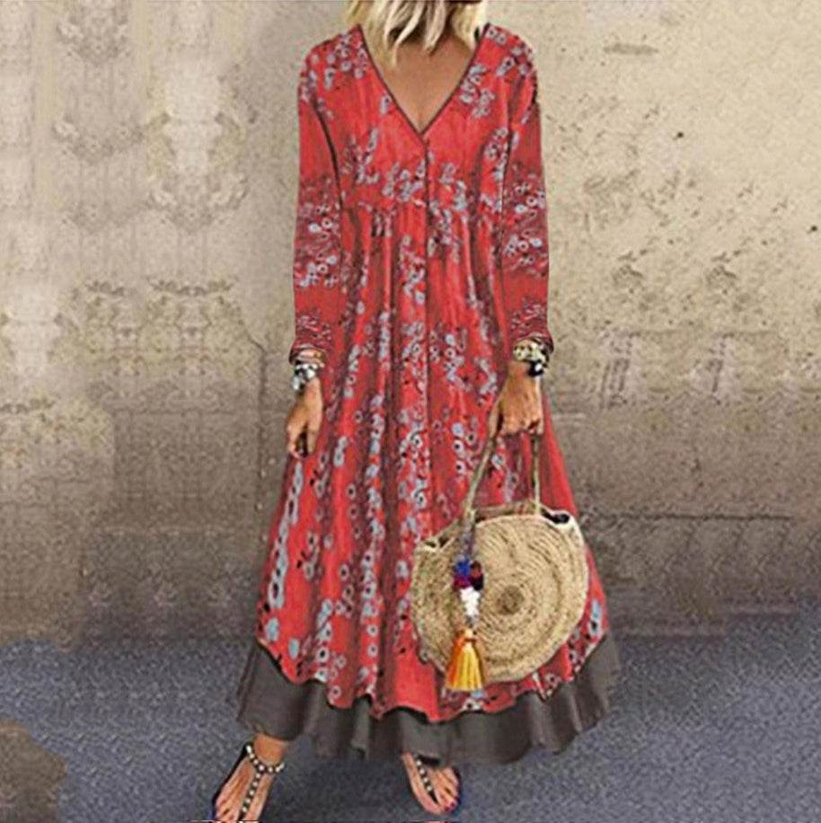 Damen blumiges Maxikleid mit weitem Schnitt und V-Ausschnitt WW