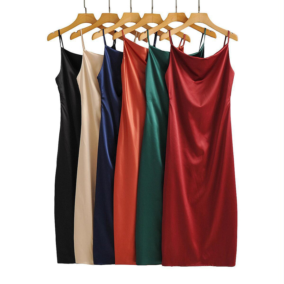 Damen Satin-Midikleid mit verführerischem V-Ausschnitt und Spaghettiträgern WW