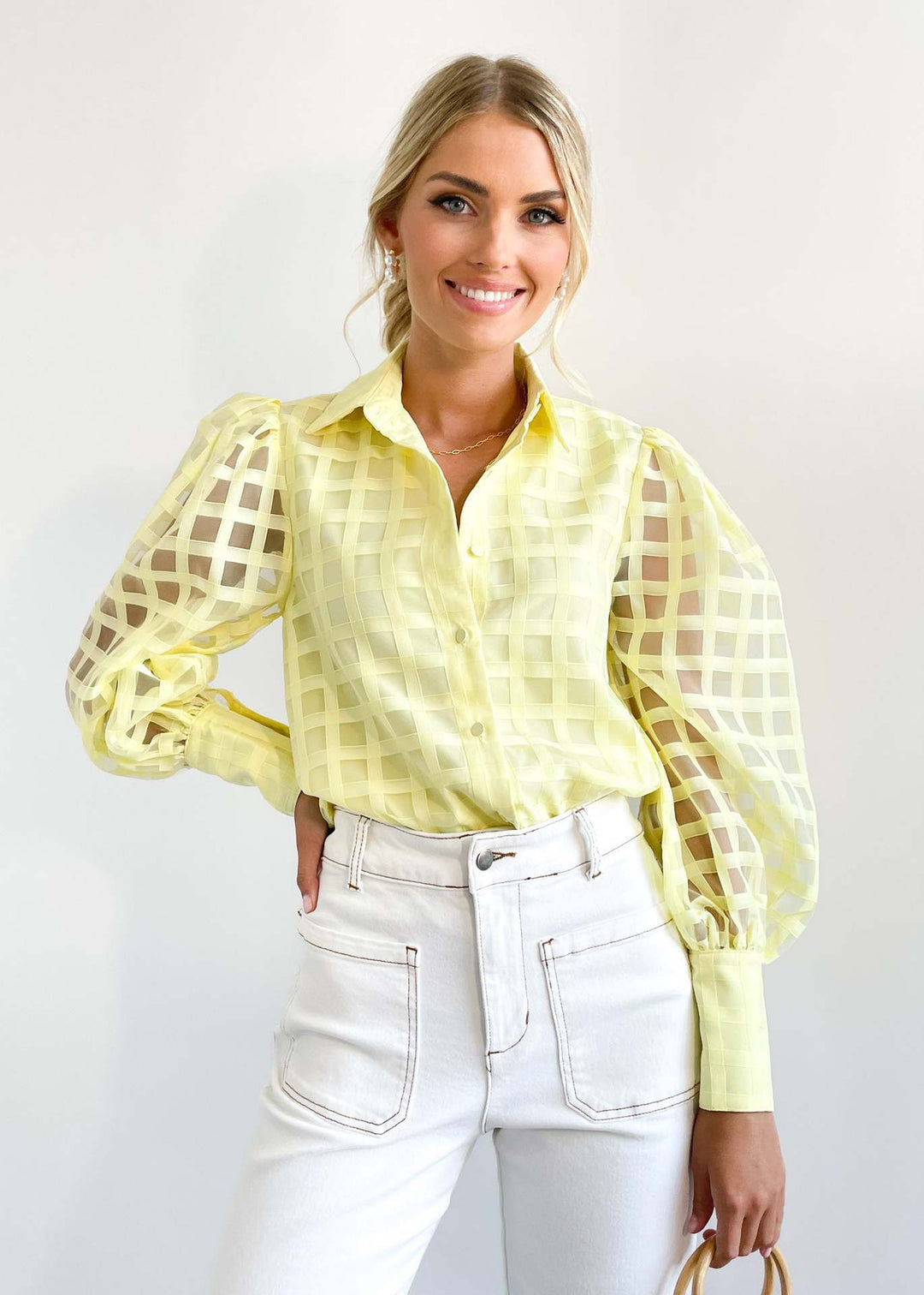 Damen Kariertes Hemd mit transparenten Puffärmeln W&W Mode