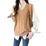 Damen Strickpullover mit V-Ausschnitt und geometrischem Zopfmuster WW