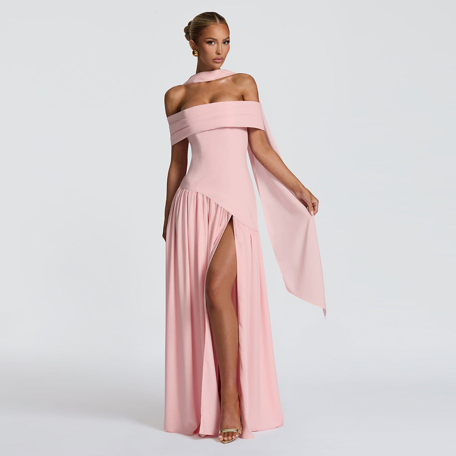 Damen Abendkleid mit schickem Schulterfreies Design und hohem Schlitz WW