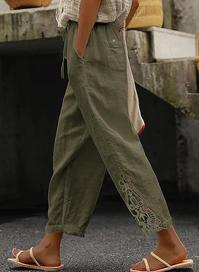 Damen lockere Leinenhose mit dekorativer Stickerei WW