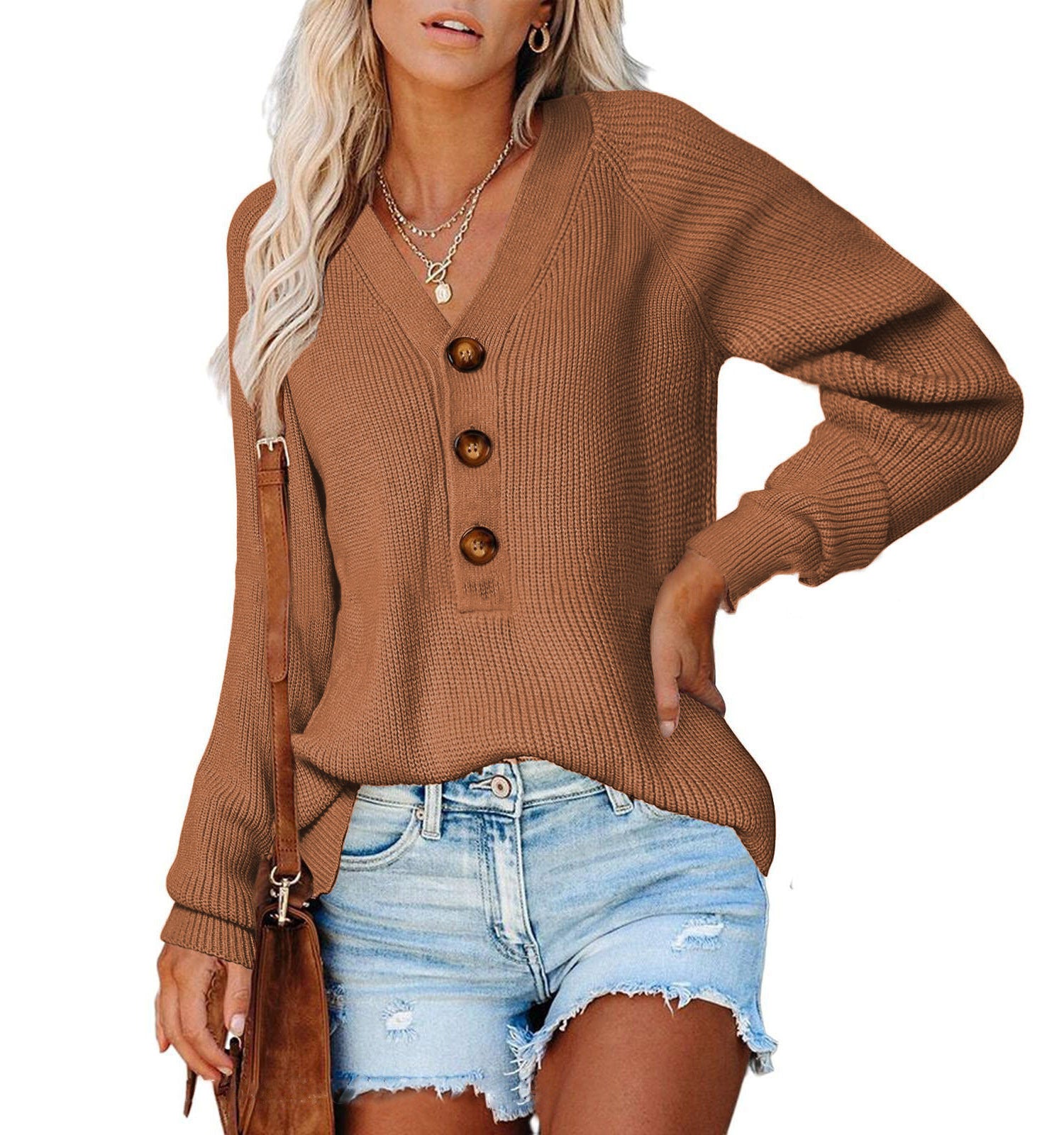 Damen Strickpullover mit V-Ausschnitt und Knopfdetails WW