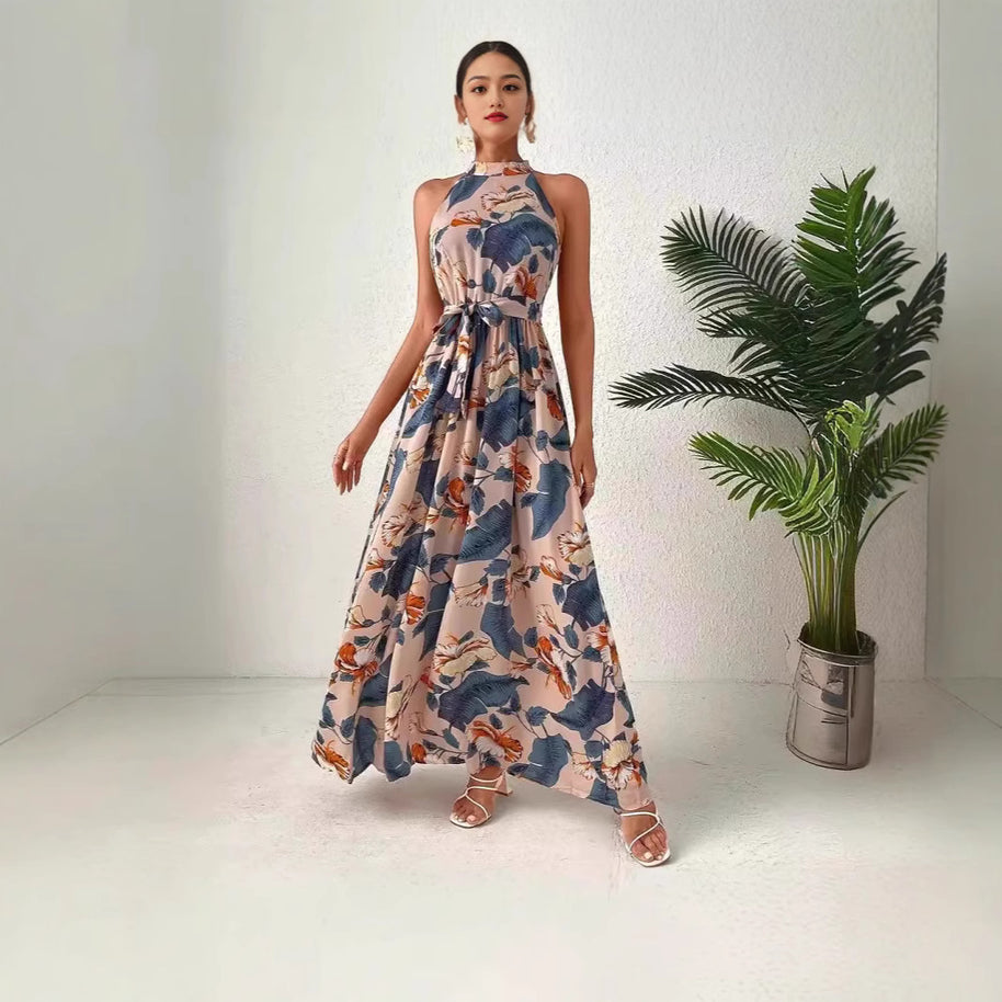 Damen Maxikleid im Boho-Stil mit elegantem Halterneck und seitlichem Bindegürtel WW