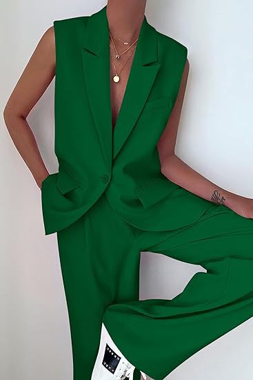 Damen ärmelloses Blazer-Set mit weit geschnittenen Hosen WW